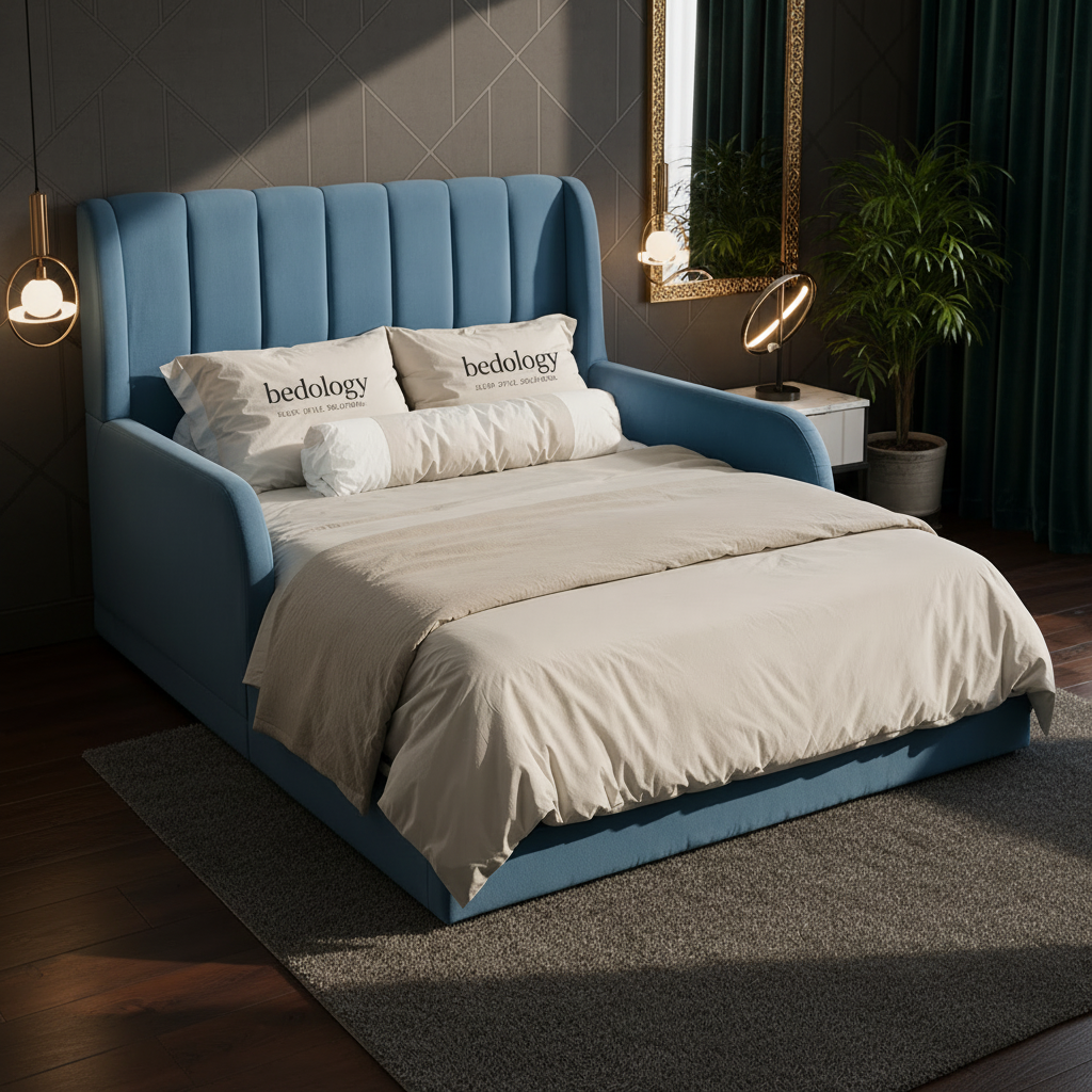 A blue upholstered bed with a tall channel-tufted headboard and matching footboard, styled in a bedroom with cream bedding, two pillows printed with the word 'bedology', a small side table with a lamp, and a potted plant.